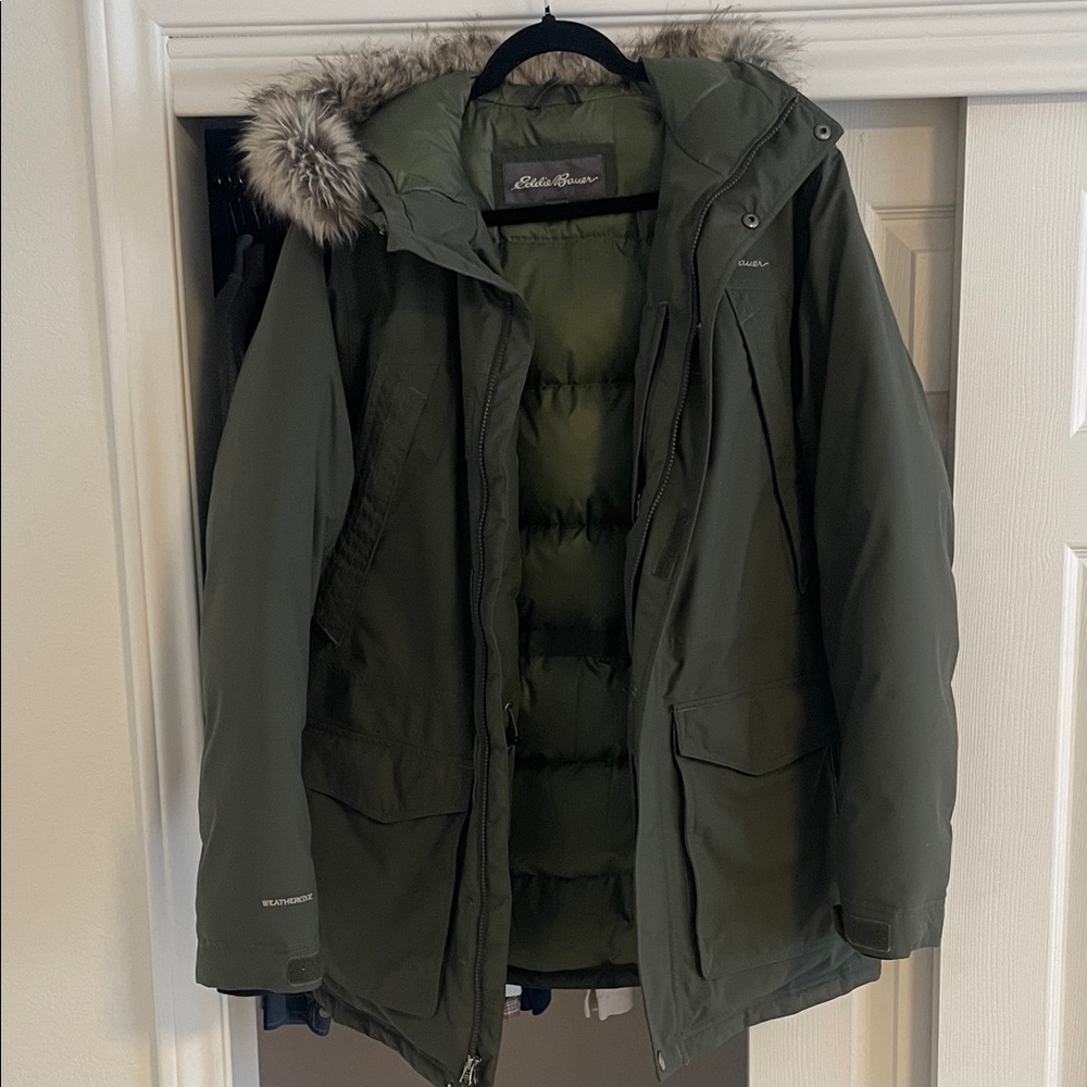 Eddie Bauer Men's Dark Green Waterproof Parka Jacket w/ Removable Faux Fur Hood